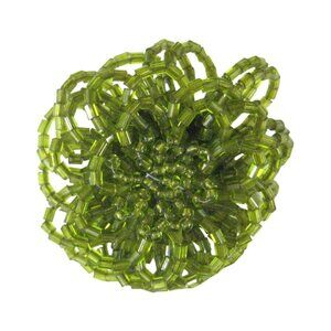Green Beaded Flower Brooch Pin Vintage 1980s Silvertone